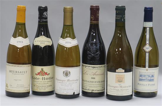 Four assorted white wines including Meursalt, 1993 and two Chassagne Montrachet 1994 & 1995 and two reds.